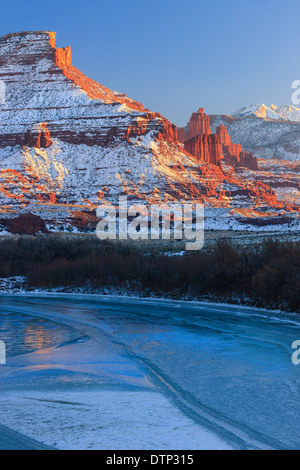 Winter sunset at the Fisher Towers, near Moab, Utah - USA Stock Photo