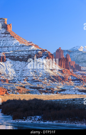 Winter sunset at the Fisher Towers, near Moab, Utah - USA Stock Photo