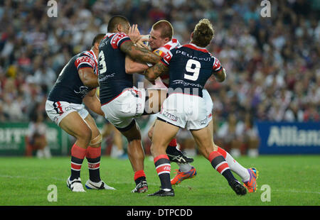Sydney, Australia. 22nd Feb, 2014. Action during the rugby league World Club Challenge between the Sydney Roosters and Wigan Warriors at the Allianz Stadium, Sydney. Credit:  Action Plus Sports/Alamy Live News Stock Photo
