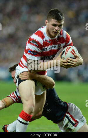 Sydney, Australia. 22nd Feb, 2014. Warriors John Bateman in action during the rugby league World Club Challenge between the Sydney Roosters and Wigan Warriors at the Allianz Stadium, Sydney. Credit:  Action Plus Sports/Alamy Live News Stock Photo