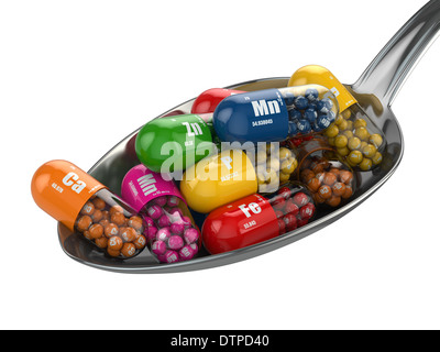 Dietary supplements. Variety pills. Vitamin capsules on the spoon. 3d Stock Photo