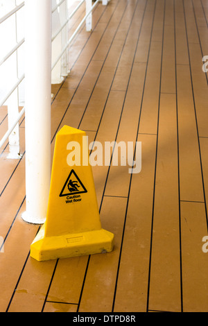 Wet floor warning bollard  cones Cunard Ship Queen Victoria Stock Photo