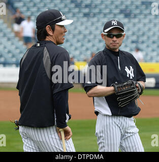 (L-R)  Hideki Matsui, Ichiro Suzuki (Yankees), FEBRUARY 21, 2014 - MLB : Hideki Matsui, the New York Yankees guest instructor and Ichiro Suzuki during the Yankees spring training baseball camp at George M. Steinbrenner Field in Tampa, Florida, United States. (Photo by AFLO) Stock Photo