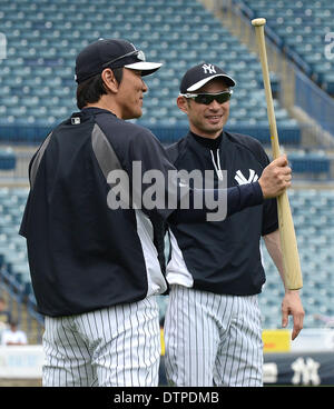 (L-R)  Hideki Matsui, Ichiro Suzuki (Yankees), FEBRUARY 21, 2014 - MLB : Hideki Matsui, the New York Yankees guest instructor and Ichiro Suzuki during the Yankees spring training baseball camp at George M. Steinbrenner Field in Tampa, Florida, United States. (Photo by AFLO) Stock Photo