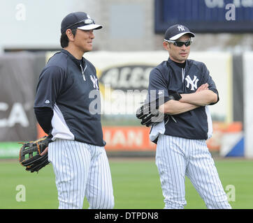 (L-R)  Hideki Matsui, Ichiro Suzuki (Yankees), FEBRUARY 21, 2014 - MLB : Hideki Matsui, the New York Yankees guest instructor and Ichiro Suzuki during the Yankees spring training baseball camp at George M. Steinbrenner Field in Tampa, Florida, United States. (Photo by AFLO) Stock Photo