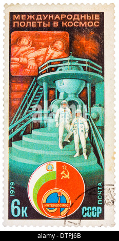 Stamp printed in The Soviet Union devoted to the international partnership between Soviet Union and Bulgaria in space Stock Photo