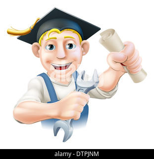 A plumber or mechanic with mortar board graduate cap with diploma certificate or other qualification. Professional training or l Stock Photo