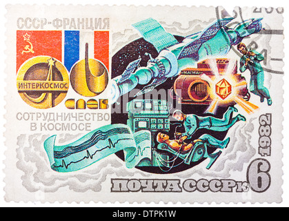 RUSSIA - CIRCA 1982: stamp printed by Russia, shows Intercosmos Cooperative Space Program (USSR-France), Cosmonauts, circa 1982. Stock Photo