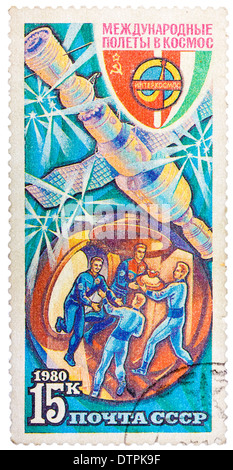 Stamp printed in The Soviet Union devoted to the international partnership between Soviet Union and Bulgaria Stock Photo