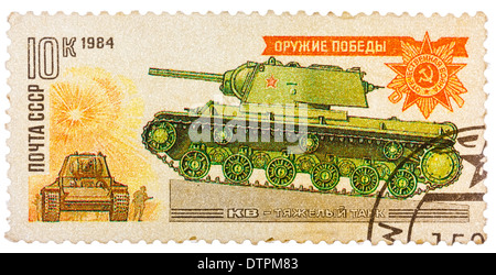 USSR - CIRCA 1984: Stamp printed in the USSR shows a soviet WWII era Klim Voroshilov KV tank, circa 1984 Stock Photo