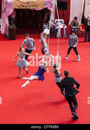 Blackpool, Lancashire, UK 22nd February, 2014. NoFit State Circus troupe a contemporary circus company based in Cardiff, Wales at Blackpool's annual festival of circus, magic & new variety. The ten-day festival of magic that is Showzam sees Blackpool’s famous landmarks overrun with tightrope walkers, conjurers and street artists. The festival runs every year in Blackpool, an extraordinary and unique festival which includes a number of high profile performers, street artists, circus, magic and new variety and never before seen acts showcased throughout the town. Credit:  Cernan Elias/Alamy Live Stock Photo