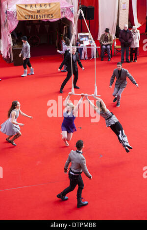 Blackpool, Lancashire, UK 22nd February, 2014. NoFit State Circus a contemporary circus company based in Cardiff, Wales at Blackpool's annual festival of circus, magic & new variety. The ten-day festival of magic that is Showzam sees Blackpool’s famous landmarks overrun with tightrope walkers, conjurers and street artists. The festival runs every year in Blackpool, an extraordinary and unique festival which includes a number of high profile performers, street artists, circus, magic and new variety and never before seen acts showcased throughout the town. Credit:  Cernan Elias/Alamy Live News Stock Photo