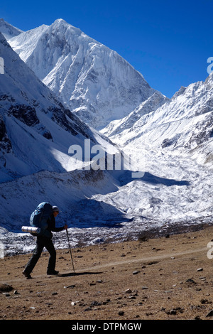 Trekking below Manaslu North peak, Himalaya range, Nepal. Stock Photo