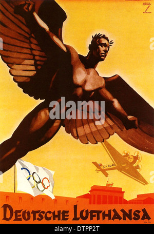 German propaganda poster promoting Lufthansa airlines during Olympics games in Berlin 1936 Germany Stock Photo