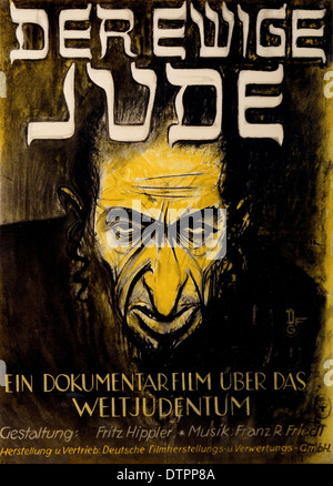 Anti Semitic propaganda poster from the German Nazi regime era in which the Jew is shown as an ugly, angry looking man with prominent exaggerated nose Stock Photo