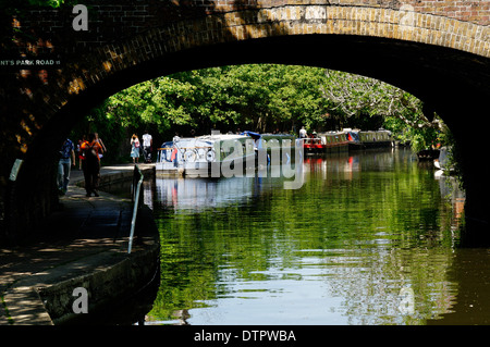 Colourful longboats on Regent's Canal in London Stock Photo