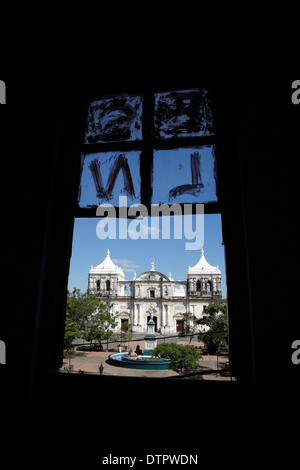 Basilica de la Asuncion seen from inside the Museum of the Revolution, the Cathedral in Leon Nicaragua Stock Photo