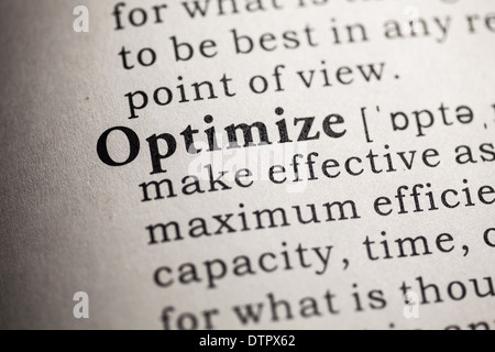 Fake Dictionary, Dictionary definition of the word optimize. Stock Photo