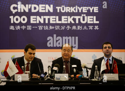 (140222) -- ISTANBUL, Feb. 22, 2014 (Xinhua) -- Chinese writer and Nobel laureate Mo Yan (C) speaks at a press confrence in Istanbul, Turkey, on Feb. 22. Mo Yan, who is taking a week-long tour to Turkey, called on the Chinese and Turkish governments Saturday to make further efforts in translating more works in a bid to increase better understanding and friendship between the people of the two countries. (Xinhua/Lu Zhe) Stock Photo