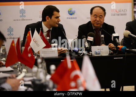 (140222) -- ISTANBUL, Feb. 22, 2014 (Xinhua) -- Chinese writer and Nobel laureate Mo Yan (R) speaks at a press confrence in Istanbul, Turkey, on Feb. 22. Mo Yan, who is taking a week-long tour to Turkey, called on the Chinese and Turkish governments Saturday to make further efforts in translating more works in a bid to increase better understanding and friendship between the people of the two countries. (Xinhua/Lu Zhe) Stock Photo