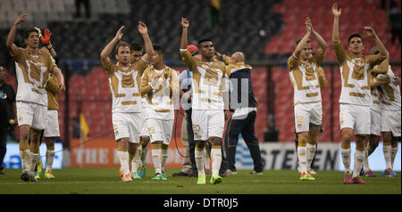 Mexico City, Mexico. 22nd Feb, 2014. Players of Pumas' UNAM celebrate after the match of the MX League Closing Tournament against America at Azteca Stadium in Mexico City, capital of Mexico, on Feb. 22, 2014. © Pedro Mera/Xinhua/Alamy Live News Stock Photo