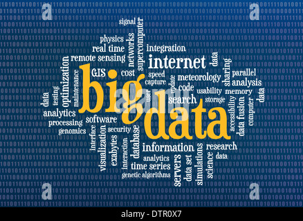 big data word cloud on a blue computer screen background with binary, zero and one, numbers Stock Photo