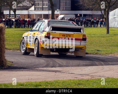 Stoneleigh Park, Warwickshire, UK. 22nd Feb, 2014. Audi Quattro SWB Group B rally car cornering at speed on the rally test stage at Race Retro exhbition Stoneleigh Park Warwickshire UK 22/2/2014 Credit:  Martyn Goddard/Alamy Live News Stock Photo