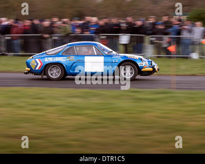 Stoneleigh Park, Warwickshire, UK. 22nd Feb, 2014. 1969 Renault Alpine A110 classic rally car at speed on the rally test stage at Race Retro exhbition Stoneleigh Park Warwickshire UK 22/2/2014 Credit:  Martyn Goddard/Alamy Live News Stock Photo