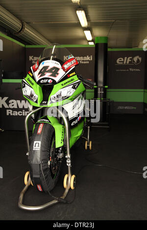 Phillip Island Grand Prix Circuit, Australia, Saturday, 22 February, 2014. Round 1, FIM World Superbike Championship. The Kawasaki Racing Team ZX-10R World Superbike ridden by David Salom sits in the pits prior to qualifying practice. Stock Photo