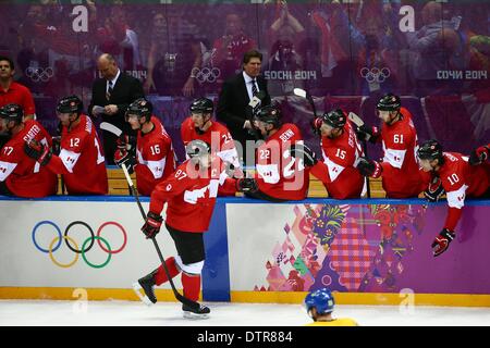 Sochi, Russia. 23rd Feb, 2014. Sidney Crosby of Canada celebrates with team mates after scoring the 2-0 during the Men's Ice Hockey Gold Medal match Sweden vs Canada in Bolshoy Ice Dome at the Sochi 2014 Olympic Games, Sochi, Russia, 23 February 2014. Photo: Christian Charisius/dpa/Alamy Live News Stock Photo