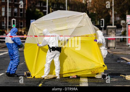 Belfast, Northern Ireland, 23rd February 2014 - Three forensics officers position an examination tent over a crime scene to preserve evidence prior to a detailed examination. Credit:  Stephen Barnes/Alamy Live News Stock Photo