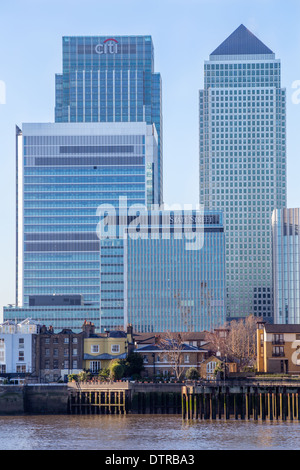 Canary Wharf and other skyscrapers on the Isle of Dogs, river Thames, London Stock Photo