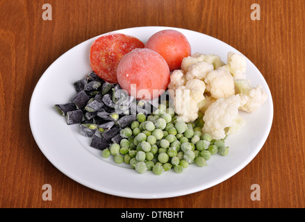 heap of frozen black currant covered with hoarfrost in the white plate on the wooden surface Stock Photo