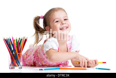 kid girl drawing with pencils Stock Photo