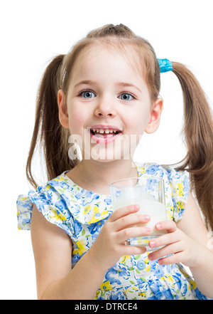 kid girl drinking yogurt or kefir over white Stock Photo