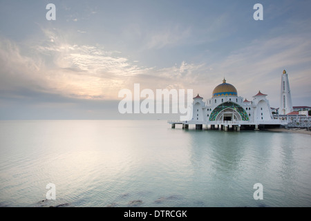 Sunset at Malacca Straits Mosque in Pulau Melaka Malaysia Stock Photo