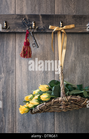 Basket of freshly picked yellow roses hanging on shed door Stock Photo