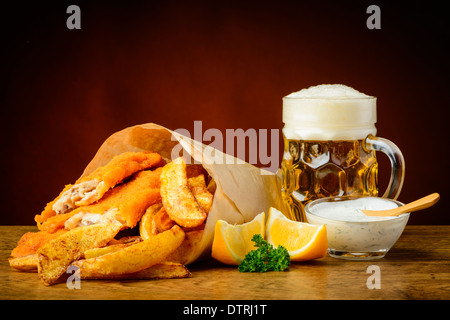 still life with traditional homemade fish, chips and beer Stock Photo