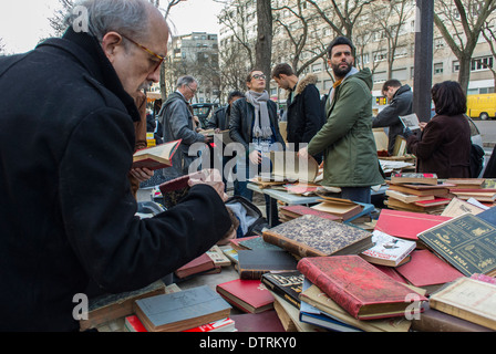 Paris, France., People Shopping French Flea Market on Street, in Belleville Area, shopper choosing goods Stock Photo