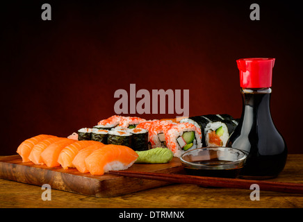 still life with mixed sushi plate and soy sauce Stock Photo