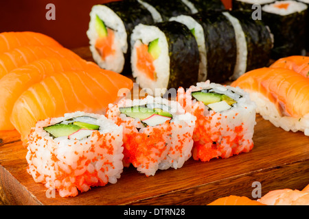 still life with mixed plate of traditional homemade sushi Stock Photo