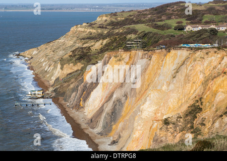 The multi-coloured Eocene sand cliffs of Alum Bay, Isle of Wight, from which sand layer tourist souvenirs are made Stock Photo