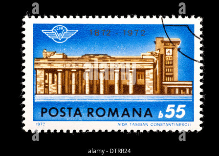 Postage stamp from Romania depicting the North Railroad Station in Bucharest, for its centennial. Stock Photo