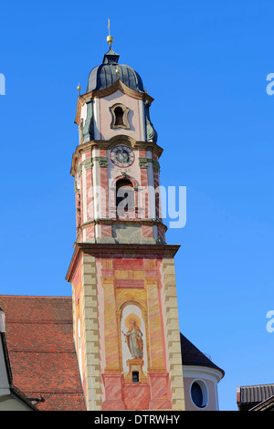 Steeple, parish church St Peter and Paul with mural paintings, Mittenwald, Werdenfelser Land, Bavaria, Germany Stock Photo