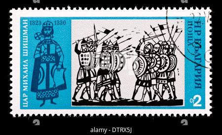 Postage stamp from Bulgaria depicting czar Mihail Shishman's army in battle with the Byzantines Stock Photo