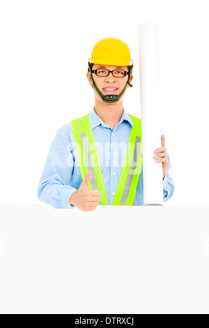 Happy  architect holding  blueprints and thumb up over white Stock Photo