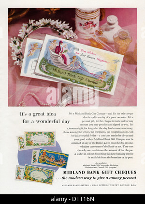 Old advert for Midland Bank gift cheques. They were used prior to store gift vouchers. The advert appeared in a magazine in 1956 Stock Photo