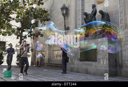 Soap bubbles performance in Barcelona. Stock Photo