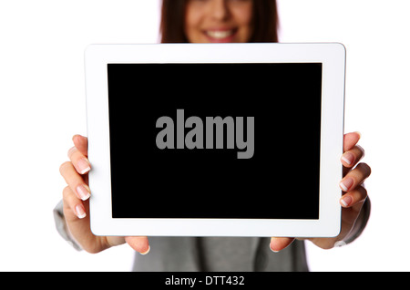 Woman showing tablet computer screen isolated on white background Stock Photo