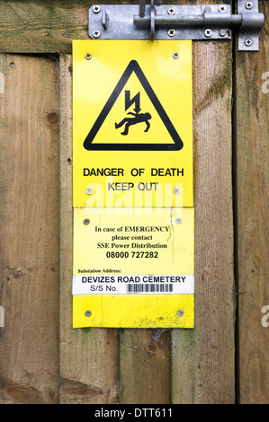 Danger of death keep out sign on wooden fence